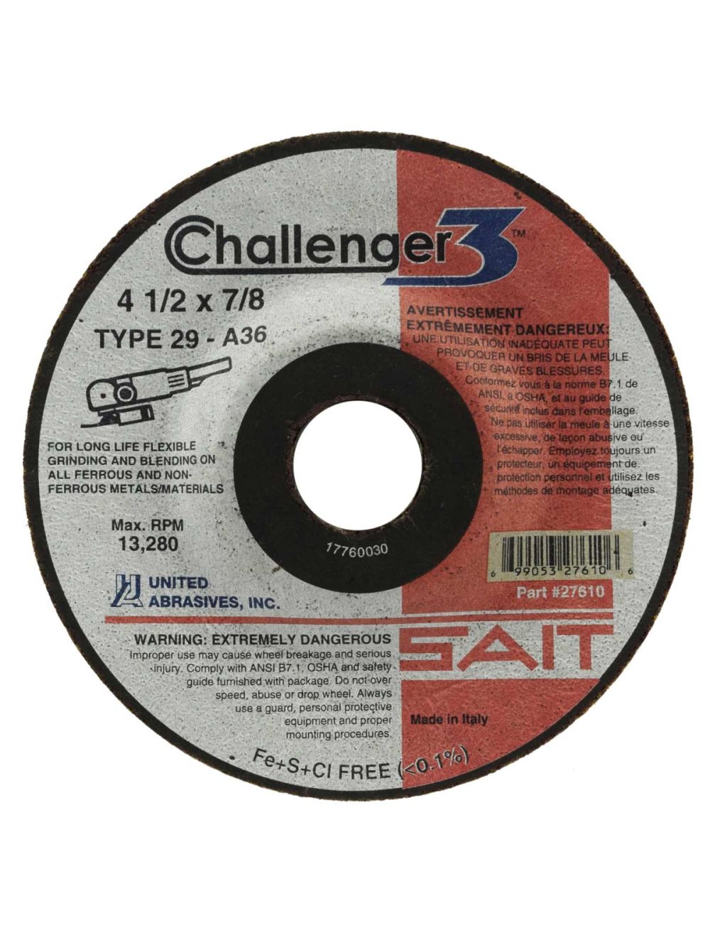 Sait 27610 41/2" x 1/8" x 7/8" Challenger 3 36 Grit Type 29 Grinding