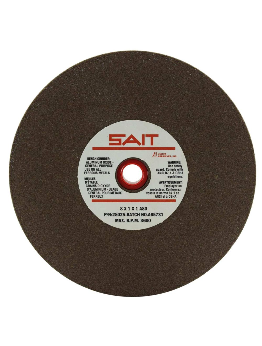 Sait 28025 8" x 1" x 1" A80X Aluminum Oxide Bench Grinding Wheel